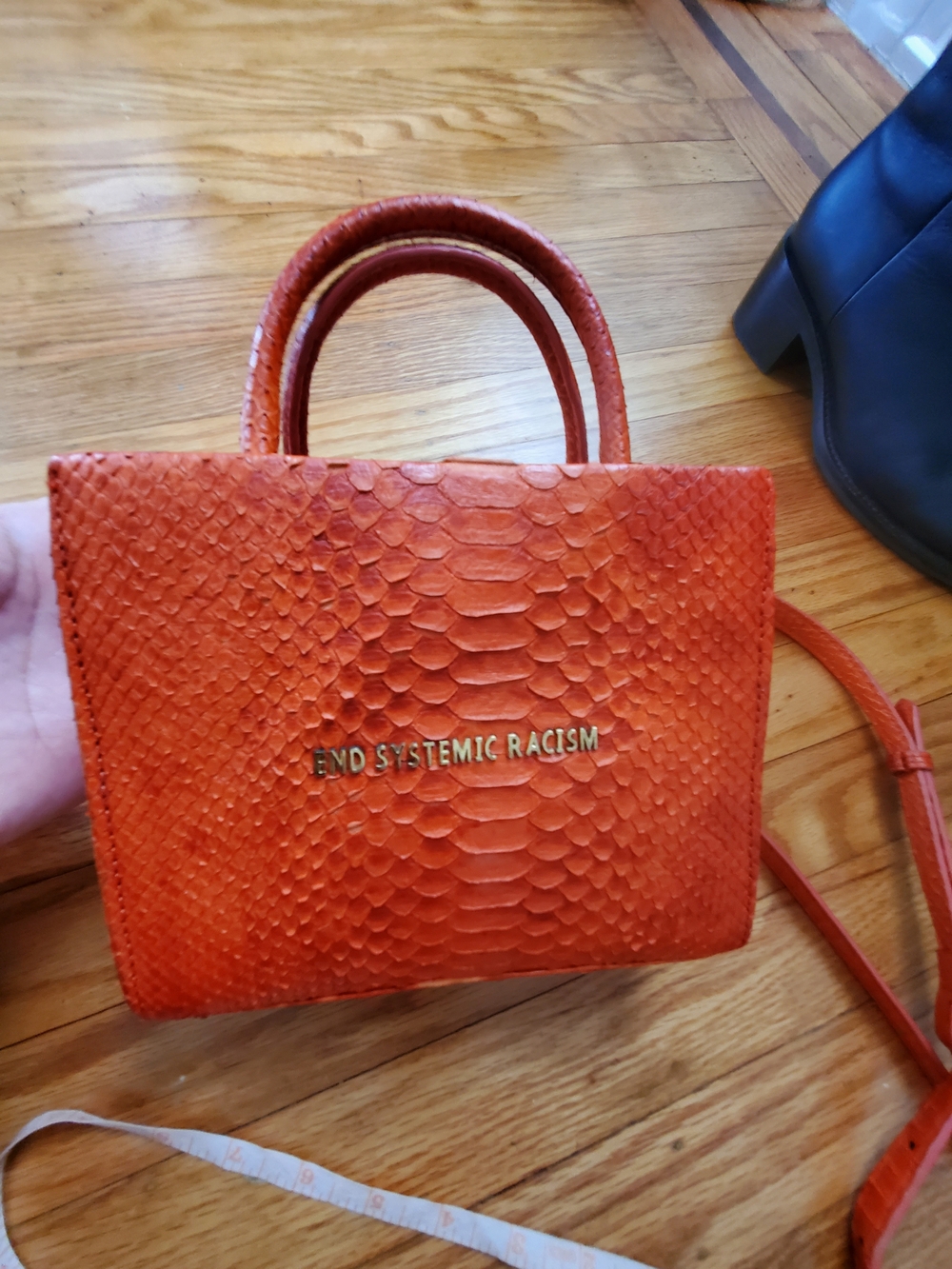 Brandon Blackwood Orange Textured Crossbody with Gold Plaque
